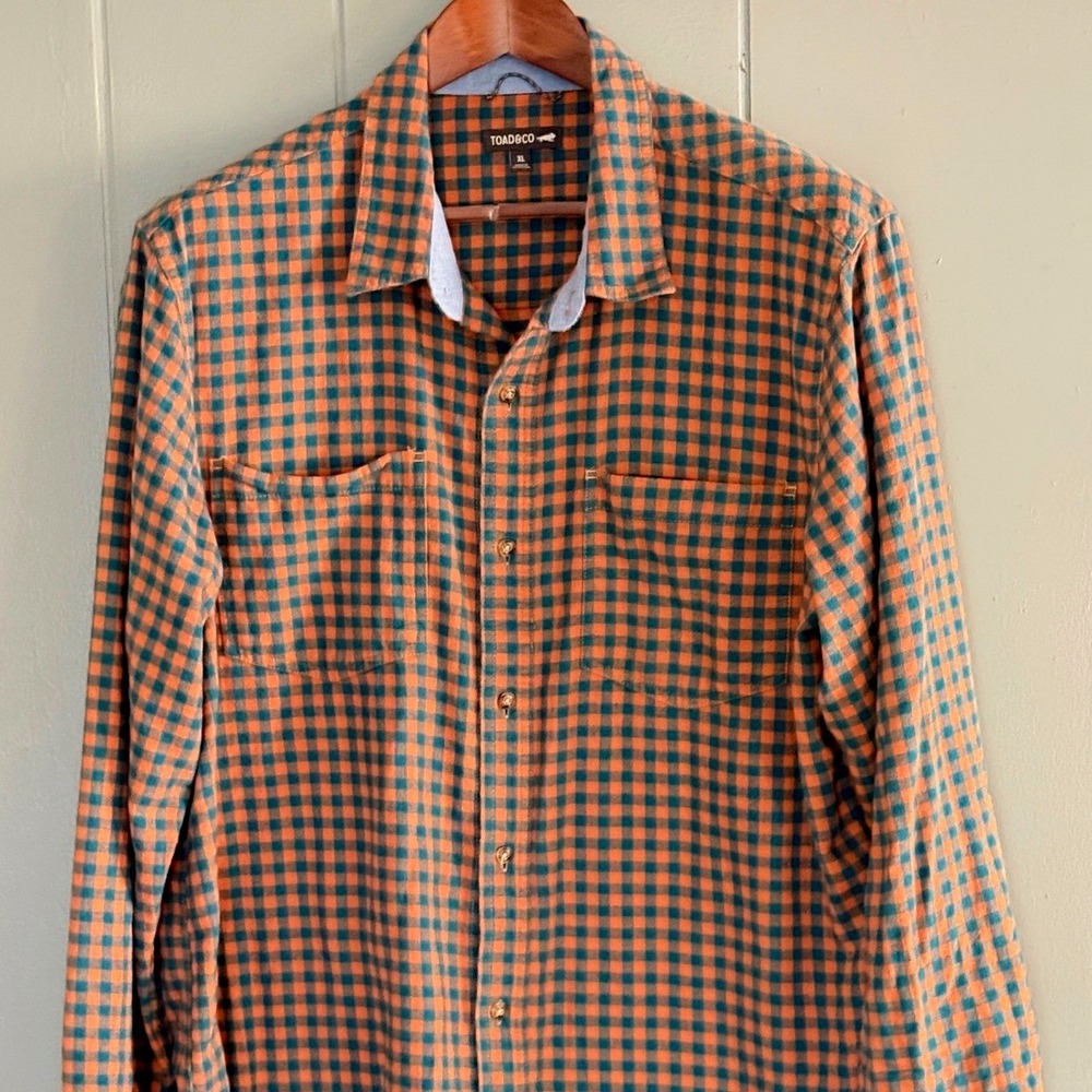 Toad&Co Flannagan LS Shirt XL Orange Blue Gingham‎ Check Organic Cotton Flannel